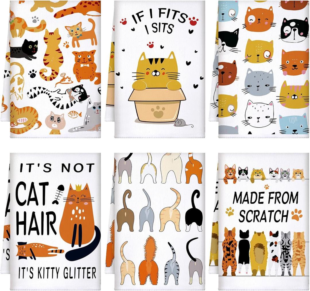 TecUnite 6 Pcs Cat Kitchen Towels Set Funny Cat Tea Towels Cute Dish Towel Decorative Hand Towel Cats Lover Gifts for Cleaning Drying Wiping Tasks Cats Owners Women Mom Housewarming Gifts Decor (Multicolored)