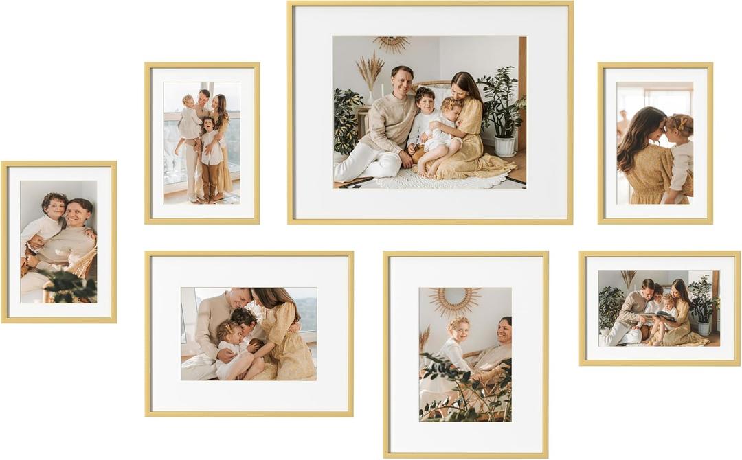 eletecpro Aluminum Gallery Wall Frame Set of 7, Including 1Pc 11x14, 2Pcs 8x10, 4Pcs 5x7 Photo Frames for Wall or Tabletop Display, Multiple Sizes Picture Frames Collage Wall Decor, Gold