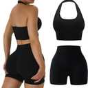 OLCHEE Workout Sets for Women 2 Piece Backless Halter Sports Bra High Waist Booty Shorts Yoga Gym Outfits Lounge Activewear (Large, Solid Black)