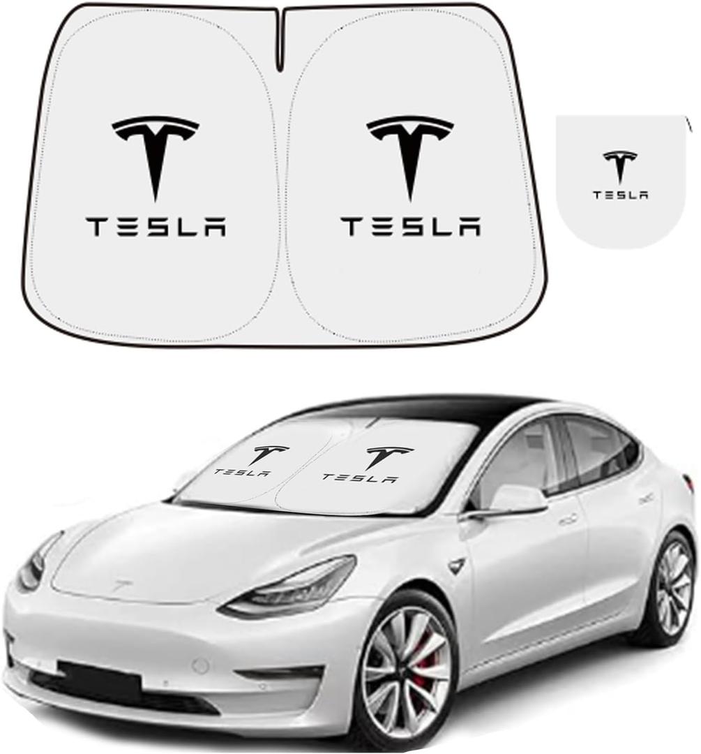 300T Sunshade for Tesla Model Y Model 3, Car Accessories 2025 for Tesla, Front Window Sunshade with Organizer Bag, Gifts for Tesla Owners (Black)