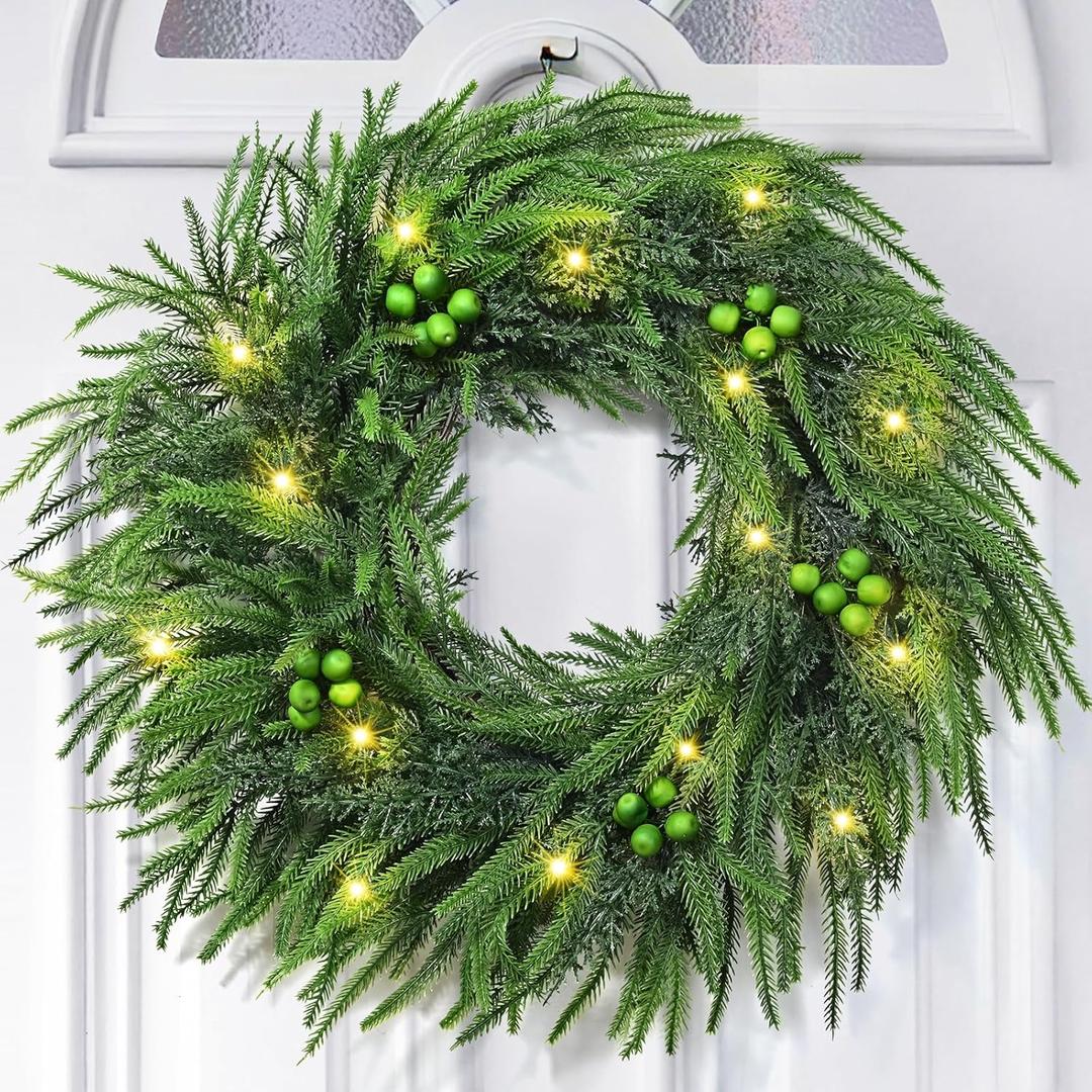 24 Inch Christmas Wreaths for Front Door, Real Touch Norfolk Pine Wreath Large Christmas Wreath with Lights, Winter Wreaths Christmas for Outdoor Indoor Windows Xmas Decor (1 Pack, Green)