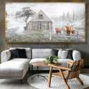 vgrozirh Wall Art Highland Cow Yellow flower Brown Cow Nature Rustic Ranch Canvas Prints Wall Art Farmhouse Wooden Artwork for Bedroom Living Room Office Home Decor 20"x40" Framed Ready to Hang