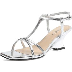 Women's Silver Wedge Sandals Strappy Heels for Women Comfort Wedges Ankle Strap Square Open Toe Heel Evening Wedding Dress Shoes 10
