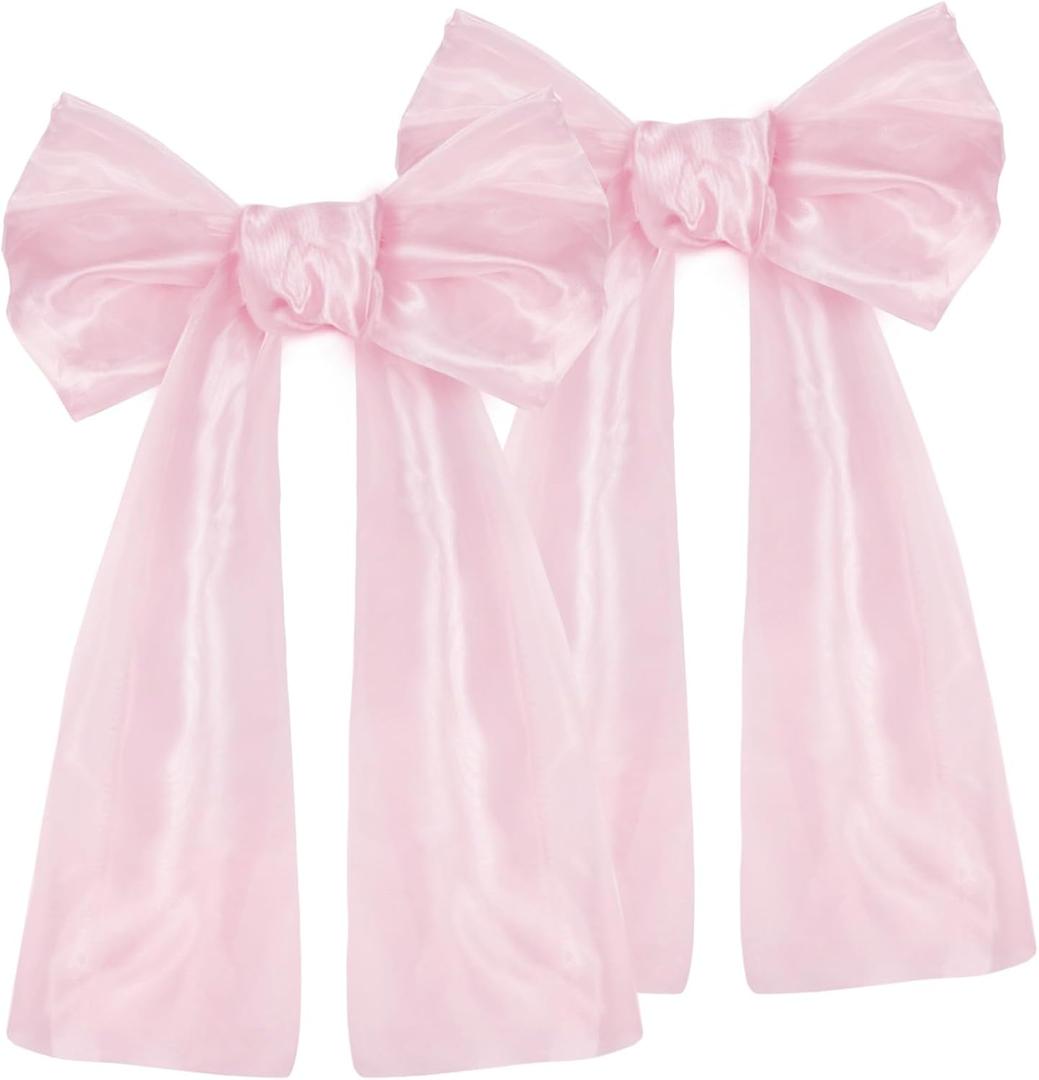 Pink Bow Birthday Party Decorations, 2 Pack Big Pink Bows 17 x 39 Inches Coquette Party Background, Large Sparkle Organza Giant Bow Hanging Decor for Bachelorette Baby Shower Bridal Shower (Baby Pink)