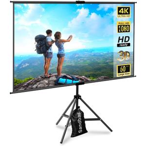 60 Inch Portable Projector Screen with Tripod Stand, Compact Mobile Projection Screen for Small Spaces, Height Adjustable and Wrinkle-Free for Indoor Outdoor Camping and Office Use