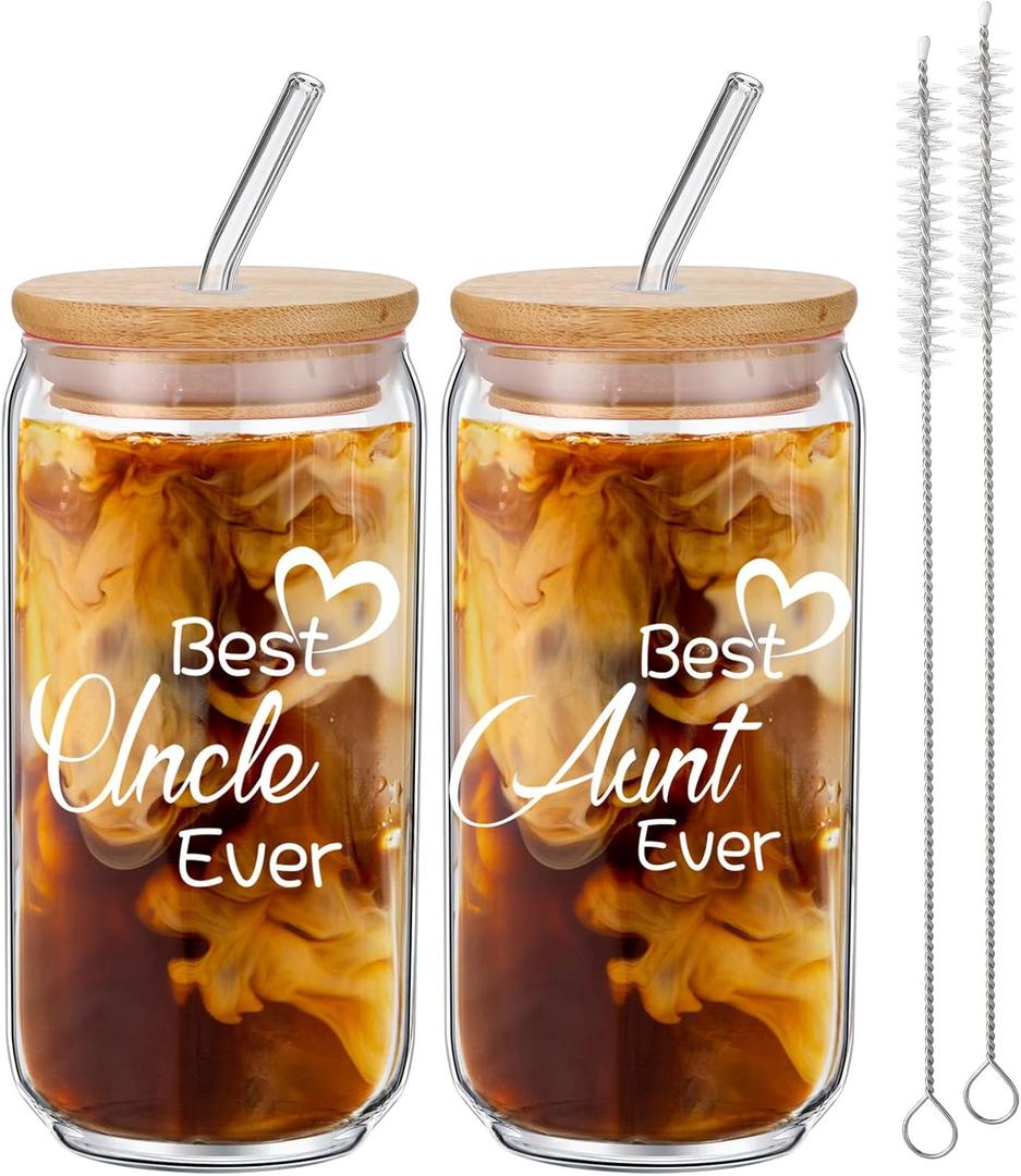 Sliner 2 Pcs Christmas Aunt Uncle Gifts, Best Aunt and Uncle Ever Gifts from Niece, Nephew, Xmas thank you present for Couple, 16 oz Glass Cups with Bamboo Lid Straw(Simple)