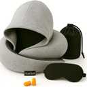 Travel Neck Pillow Hooded Memory Foam 360° Head & Chin Support, Lightweight Breathable Adjustable Fit Travel Neck Pillow with Eye Mask, Earplugs & Carry Bag for Airplanes, Car, Bus, Train & Long Trips