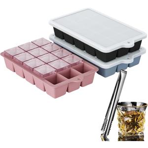 Large Silicone Ice Cube Trays with Lid, Make 15 Ice Cubes per Tray, Include 7.7in Ice Tongs - Ideal for Freezer, Drinks