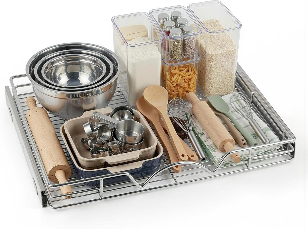 HOLDN STORAGE Pull Out Cabinet Organizer, Heavy Duty Caddy - 28W x 21D - Requires At Least 29-1/4 Cabinet Opening, Steel Metal Cabinet Drawers Slide Out, Chrome