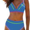 popvil High Waisted Bikini Sets for Women Tummy Control Swimsuits Two Piece Neon V Neck Drawstring Bathing Suits 2026 (Blue, M)