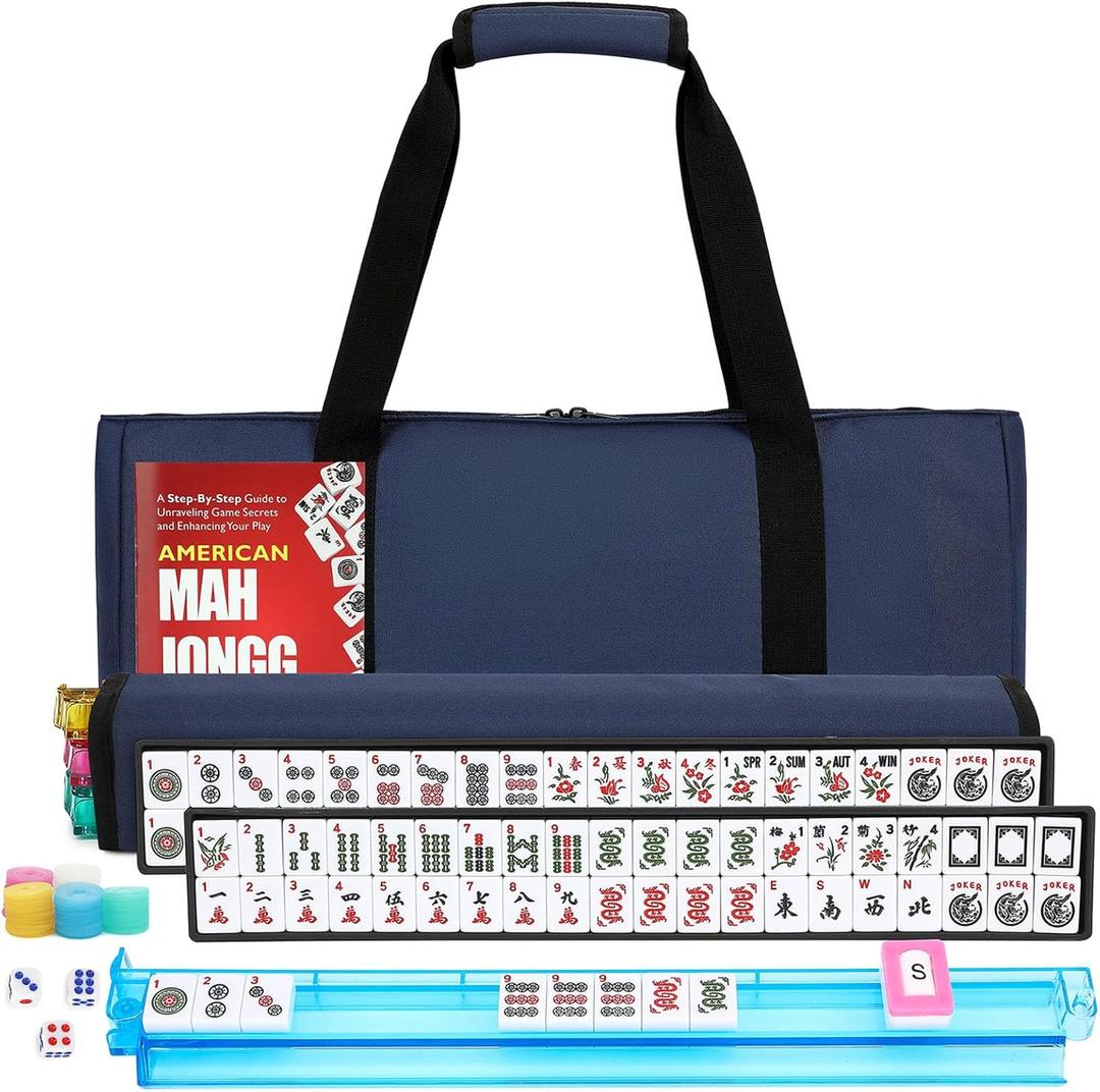 American Mahjong Tile Set,166 White Tiles Mahjong Set,4 Colors Mahjong Racks,Travel Mahjong Set with Blue Carrying Bag