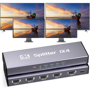 HDMI Splitter 1 in 4 Out, 4K@30Hz HDMI Splitter 1x4 Support 3D 1080P Full HD Compatible with PS5/4/3 Xbox Nintendo Roku HDTV Fire Stick Blu-ray - Silver (Only Mirrors Screens)