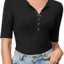 Amoretu Women's Henley Half Sleeve Tops Button Down Fitted Shirts (Medium, Black)
