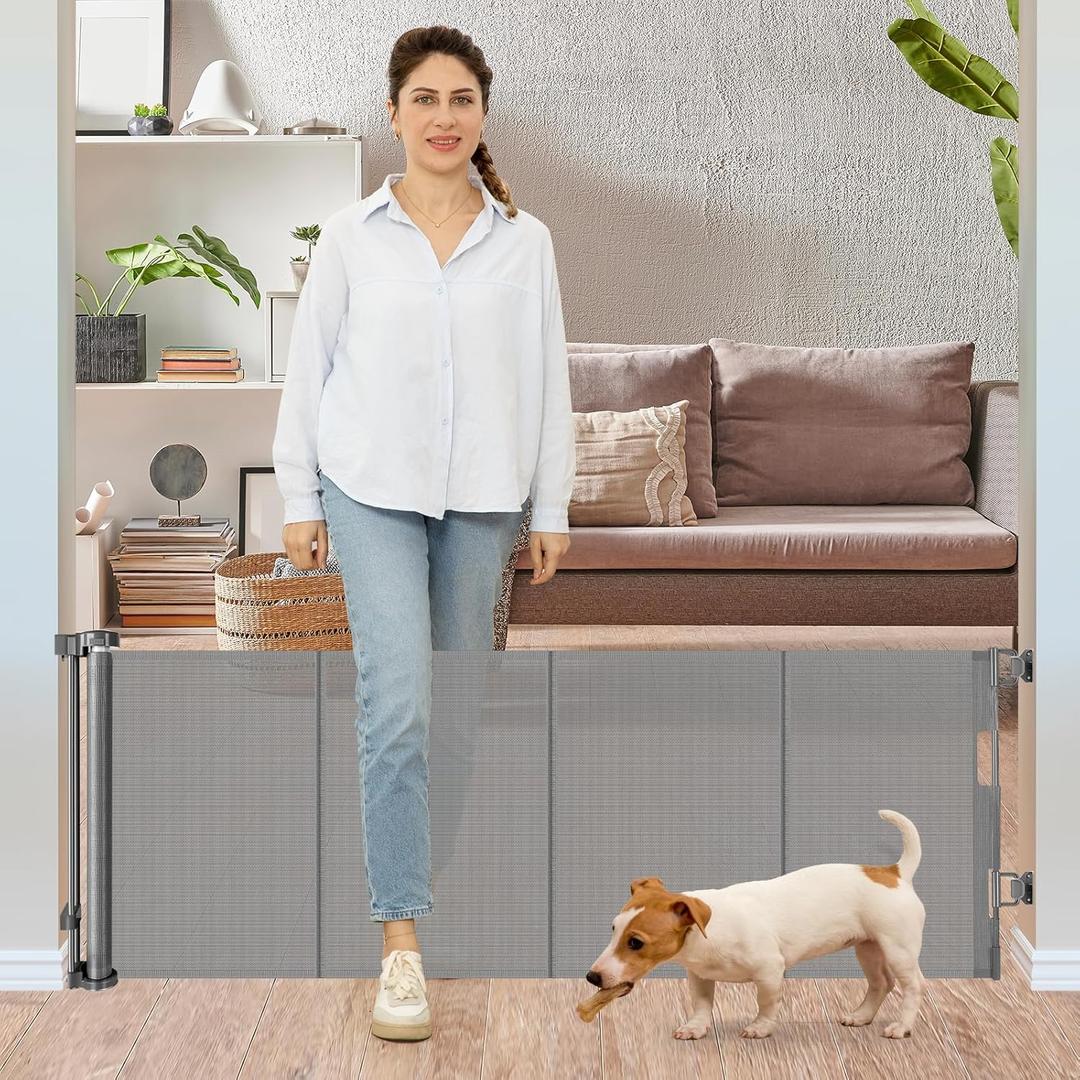 24 Inches Tall Retractable Baby gate for Dogs, Short Pet Gates to Step Over, Extends up to 55" Wide, Reinforced Mesh Doggie Gates for Indoors Outdoors Small Dog Gate for Stairs Puppy Gate (Grey) (Reinforced 24" Tall x 55" Wide, Gray)