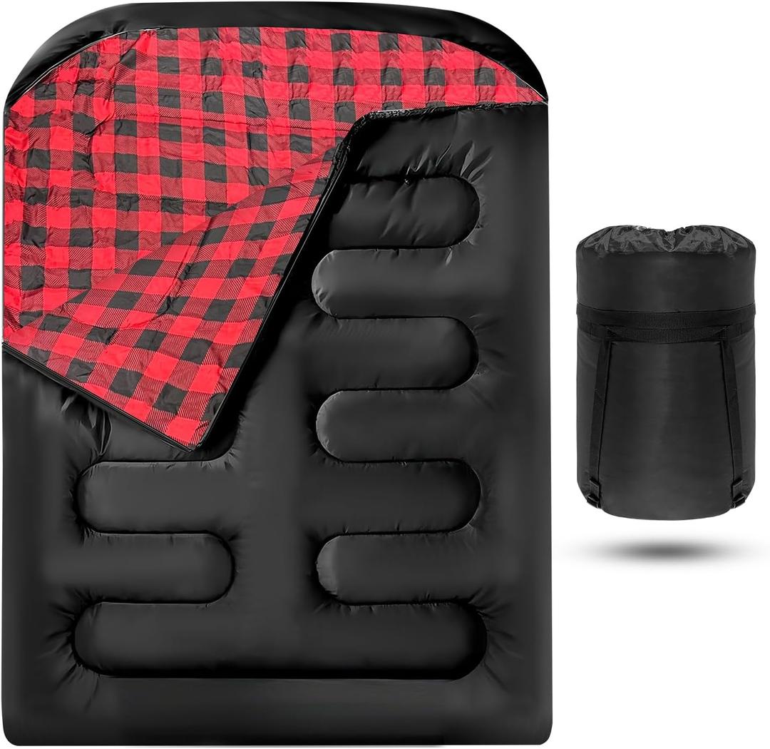 Double Sleeping Bags for Adults, Queen Size 2 Person All Season for Warm & Cold Weather | Fits Kids 10-12 (Girls & Boys) - Lightweight & Waterproof Camping Essentials for Hiking, Backpacking (Black)