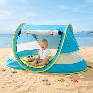 Portable Pop Up Kids Beach Tent with Mat UPF 50+ Sun Shelter for Mosquito Net,Large Sunshade Kids Travel Tent with Mat and 2 Stakes