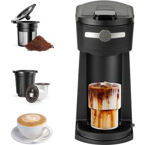 Single Serve Coffee Maker for K Cup & Ground Coffee,Fast Brew,6-14 Oz Brew Sizes, Hot & Iced Coffee, Auto Shut Off, Reusable Filter, Mini Coffee Maker for Dorm, Office & Home, Black (420ml)