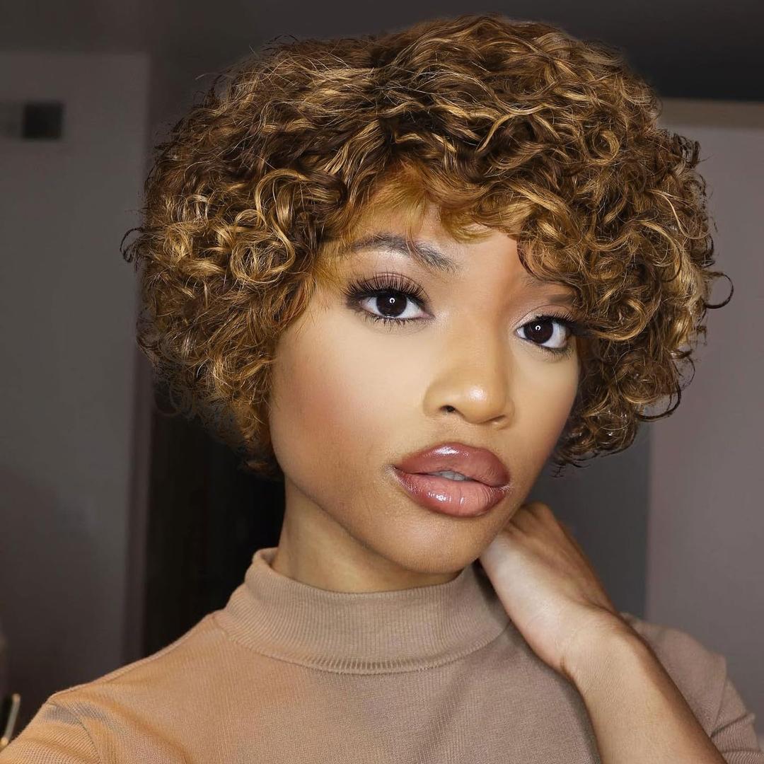 Short Curly Human Hair Wig for Black Women Mixed Brown Curly Bob Wigs Side Part Pixie Cut Wig Brazilian Remy Human Hair Non Lace Glueless Wigs (P4/27/30)
