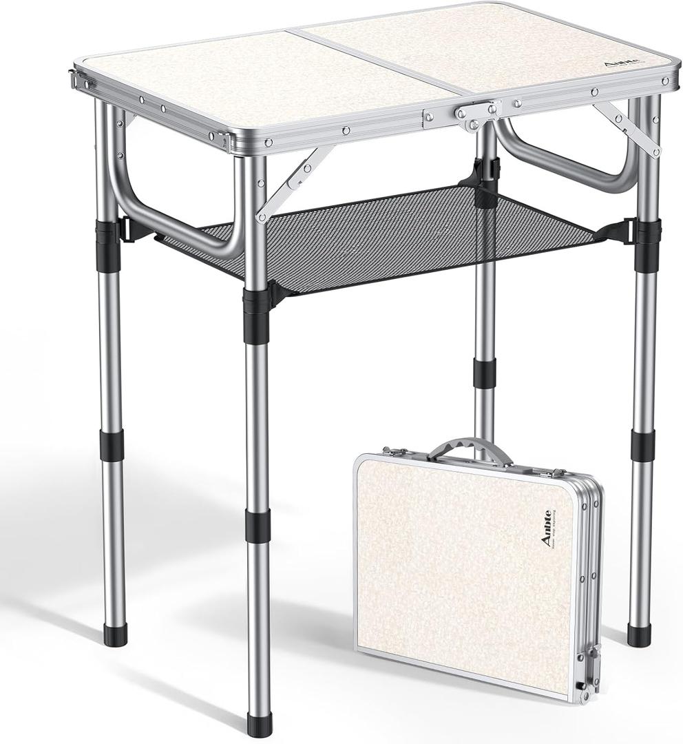 Anbte Folding Camping Table, Aluminum 24" x 16" Adjustable Height Small Folding Table with Carrying Handle, Lightweight, Portable Camping Table Waterproof for Outdoor Indoor Picnic Beach BBQ, Silver