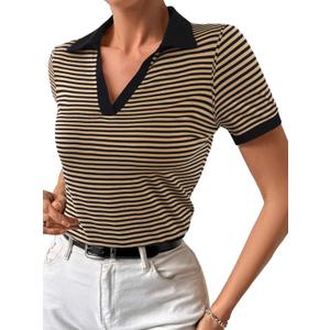 LilyCoco Womens Striped Shirt Fitted Collared Neck Short Sleeve T Shirt Black, Large