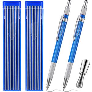 Hiboom 2 Pcs Welders Pencil with 24 Pcs Silver Round Refills, Mechanical Pencils Metal Marker with Built in Sharpener for Pipe Fitter Welder Steel Construction Fabrication Woodworking