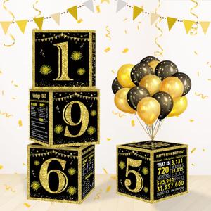 DARUNAXY 60th Birthday Black Gold Party Decorations, 4PCS Back in 1965 60th Birthday Boxes Vintage 1965 Cheers to 60 Years Old Birthday Poster Decor Happy 60th Birthday Supplies Party for Men & Women