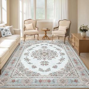 8x10 Area Rugs Living Room: Washable Boho Large Neutral Floral Rug Soft Farmhouse Indoor Floor Vintage Non Slip Carpet for Bedroom Boys Nursery Kids Playroom Dorm Dining Room Office Home- Blue (8' x 10', Color Blue)