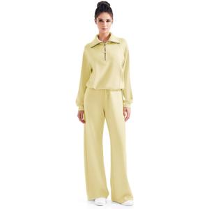 SUUKSESS Women 2 Piece Lounge Matching Set Wide Leg Sweatpant Half Zip Sweatshirt (Small, Yellow)