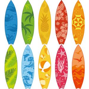 10 Pcs 28 x 8. 1 Inch Surfboard Wall Decor Large Surf Board Cutouts Summer Pool Cardboard Sign Tropical Beach Hawaiian Party Decoration Classroom Bulletin Board, 10 Styles