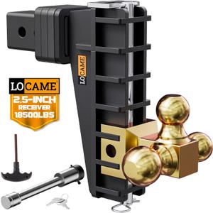 LOCAME Adjustable Trailer Hitch, Tri-Ball(1-7/8'', 2'', 2-5/16''), Fits 2.5 Inch Receiver, 8 Inch Drop Hitch, 18,500 LBS GTW, Heavy Duty Trailer Hitch for Truck, Gold, LC0083