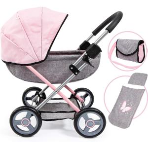 Bayer Dolls 4-in-1 Toy Baby Doll Pram Stroller Cosy Set - Dolls Up to 18" (Pink/Grey)