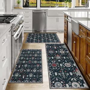 Falflor Moroccan Trellis Non Skid Washable Durable Kitchen Rug Sets with Runner Soft Floor Mats for Hallway Indoor Bathroom Laundry Room, 3 Pack