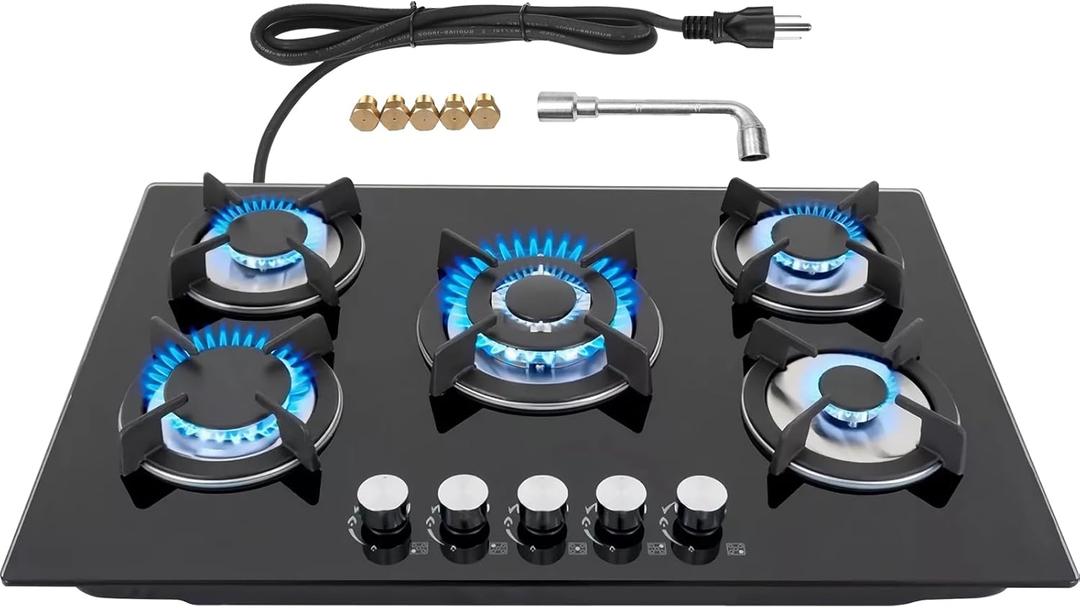 Gas Cooktop 30in, Countertop Gas Stove 5 Burners Tempered Glass Stove Top, NG/LPG Convertible,Default for Propane Gas for RVs Stove, Home (30Inch - 5 Burner)