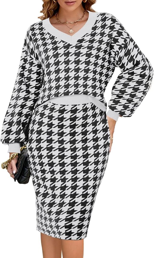 Pink Queen Women's 2 Piece Outfits Set Knit V Neck Batwing Long Sleeve Loose Top Bodycon Midi Skirt Sweater Dresses (M)