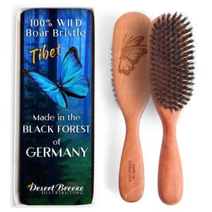 100% Wild Boar Bristle Hairbrush for Natural Healthy Hair, The Tibet brush, Medium Soft Bristles, Pear Wood Handle, for Fine or Thinning Hair, for Women & Men, Made in Germany's Black Forest