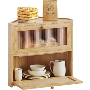 BAMBANG Corner Bread Box for Kitchen Countertop, Double Layer Bamboo Bread Storage Container with Wavy Windows, Farmhouse Large Bread Bin, Wooden Breadbox Holder for Homemade Bread, Natural