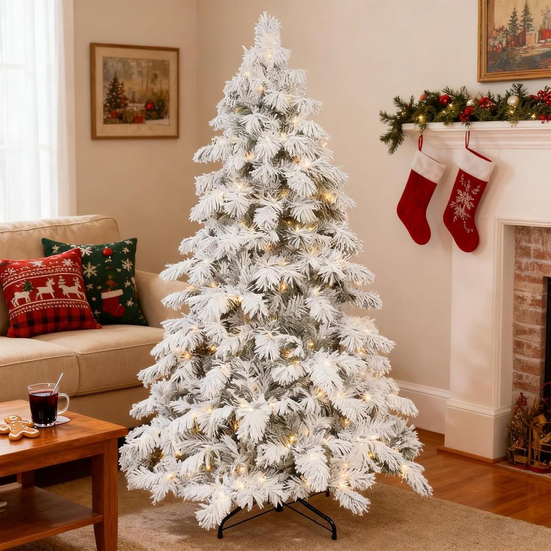 5FT Prelit Flocked Christmas Tree with Light, Snowy Pine Design, 200 Warm White LED Lights, Hinged Branches, Metal Stand, Realistic Artificial Xmas Tree for Indoor Holiday Decoration