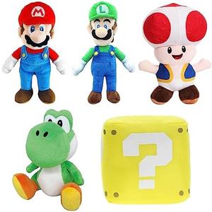 Qabfwe Mario All Star Collection Plushies, Mario and Luigi Stuffed Plush Toys, Yoshi, Toad and Coin Box Plushies, Set of 5 Dolls 9.8 2 Packs