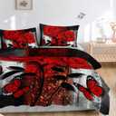 AILONEN Red Rose Duvet Cover Set Queen Size, Grey Retro Couple Rose Comforter Cover Set,3 Pieces Romantic Floral Butterfly Quilt Cover and 2 Pillowcases