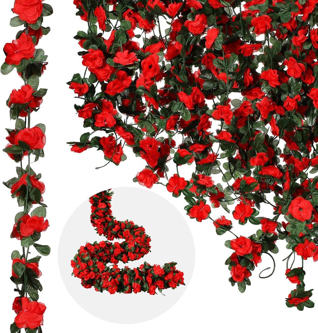 12 Pcs 100 ft Flower Garland Artificial Rose Vine with Green Leaves Hanging Artificial Flower Vines Ivy Garlands Wall Garden Decor for Room Wedding Birthday Arch Decor, (Red)