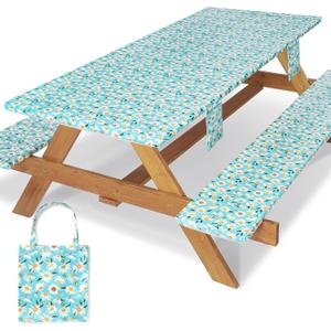 Picnic Table Cover with Bench Covers Waterproof Camping Tablecloth with Elastic for 6 Foot Rectangle Tables Outdoor Travel Essentials list Summer Rv Vacation Finds Gifts Ideas for Mens Womens