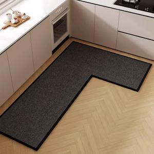 L Shape Kitchen Mat, Anti-slip Corner Kitchen Mats for Floor, 1 Piece L Shape Rug, Absorbent Runner in Front of Sink, Washable Floor Rugs for Home,Kitchen,Office(Black/Grey Left-L,4'11" x 3'3")