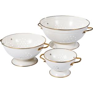 Metal Colander Set of 3, Strainer Basket with Handles perfect for Spaghetti, Pasta, Berry, Vegetable, Fruit, Solid Base Powder Coated Kitchen Essential Strainer Set, 1 & 3.5 & 5 Qt (Cream)