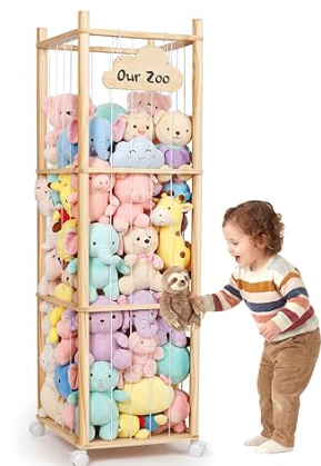 Mallify Stuffed Animal Storage, 54 Inch Wooden Stuffed Animal Zoo with Brake Wheels, Large Capacity Plush Toy Organizer for Nursery Playroom Bedroom