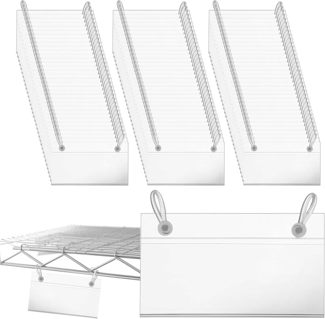200 Pcs Plastic Wire Shelf Label Holder, 4" x 2.2" Clear Wire Rack Labels, Retail Price Label with Double Snap Lock Closure, Reusable Basket Labels Clips for Storage Bins, Market, Retail Shop, Pantry