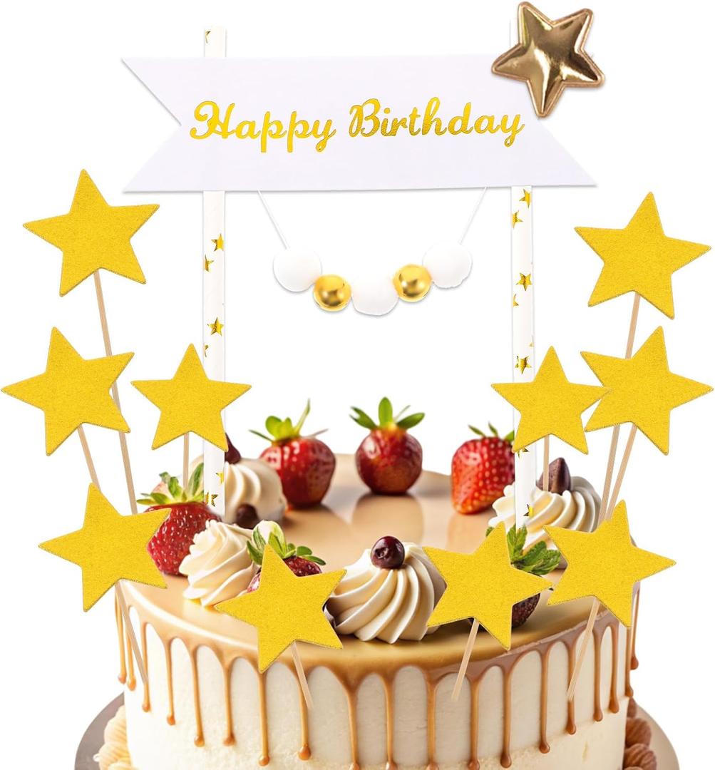 Happy Birthday Cake Toppers, 10 Pcs Gold Five-pointed Star Toppers for Cake, Pearl Decorative Cupcake Topper for Baby Shower Anniversary Party Decorations