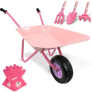 Kids Wheelbarrow Set Metal, Pink Child Wheel Barrel and Kids Gardening Tools Toddler, Garden Toys with Small Wheel Barrow, Outdoor Indoor Toys Gift for Girls