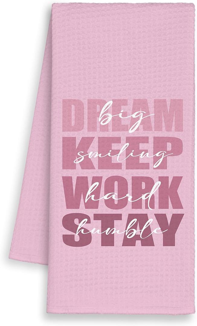 Pink Inspirational Kitchen Towels, Preppy Hand Towels Decor for Bathroom Girly Room, Dream Big Dish Towel, Posotive Tea Bar Waffle Towel for College Dorm Girls 16x24in