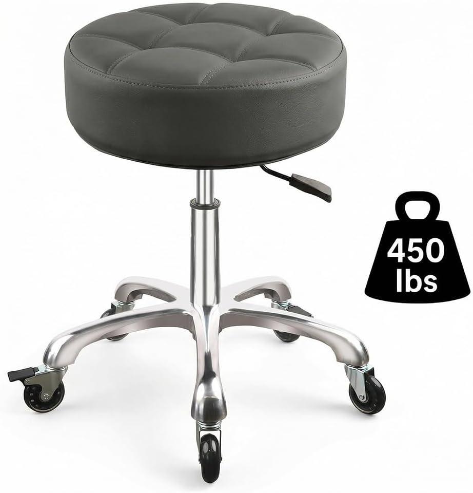 Rolling Stool with Wheels, 12cm/4.7" Ultra Thick Cushion, Adjustable Height 19.8-25 Inch, 360 Swivel Heavy Duty Stool, 450lbs Capacity PU Leather Seat for Massage Salon Tattoo Medical Spa, Grey