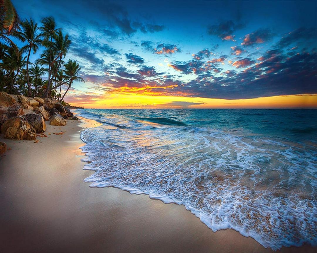 TUMOVO Adult Paint by Number - Caribbean Beach Paint by Numbers for Adults Beginner Seaside Cloudscape Paint by Numbers Kit with 3 Size Brushes and Acrylic Pigment, 16x20 Inches(Frameless)